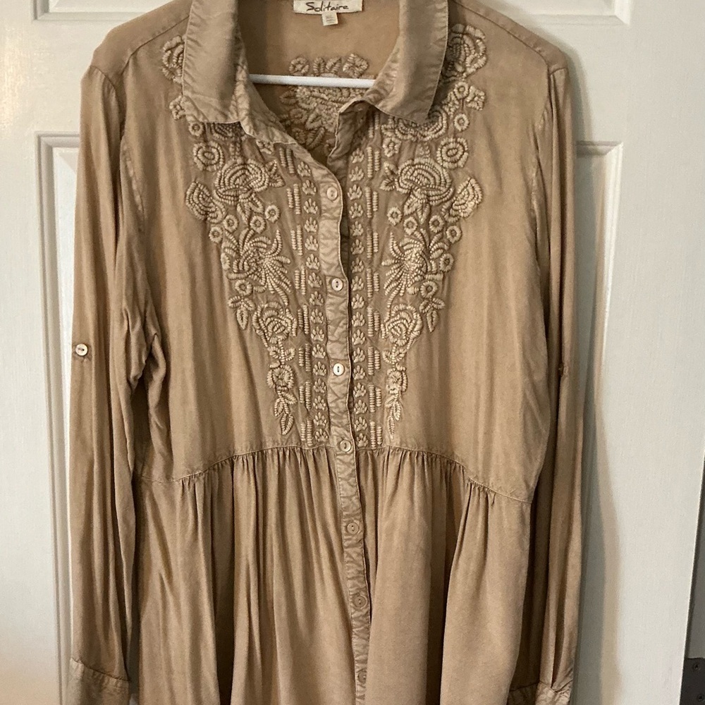 Solitaire Tan Embroidered Button-Up Tunic/Dress, Size XL, Dark Tan